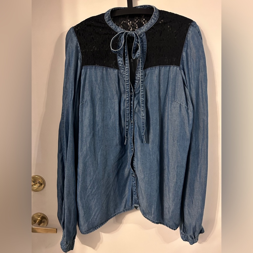 Guess Blue Tencel Denim Shirt with Black Lace and Tie Up Accent size XL